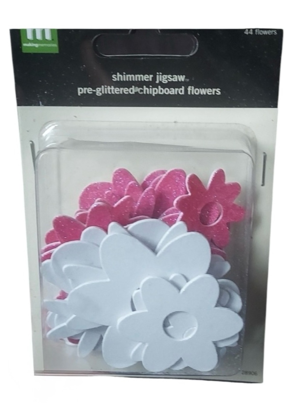 MAKING Memories shimmer jigsaw pre glittered chipboard flowers pink and white